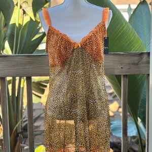 Passion Sheer Leopard Print Babydoll Chemise with Orange Lace Trim Sz 2X